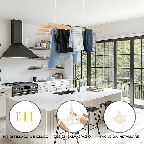 Stendibiancheria a Soffitto con Puleggia 6 Listelli 1,2m Avorio - Foto 2 di 9