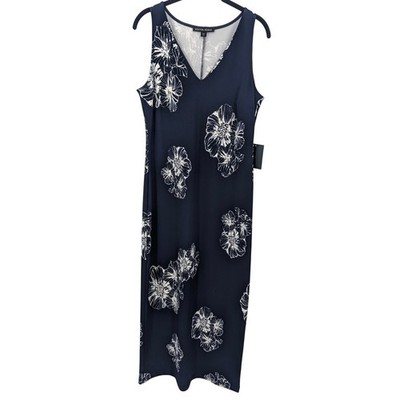 Boston Proper Dress Womens Small Navy Blue Floral Sleeveless V-Neck Midi Slinky