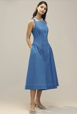 Anthropologie Midi Dress Blue Cotton High Neck Holiday Preppy Boho Size XXS NWT
