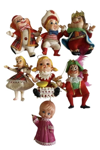 Lot Of 7 Vintage Kitschy Christmas Flocked Ornaments Japan Nursery Rhymes Retro