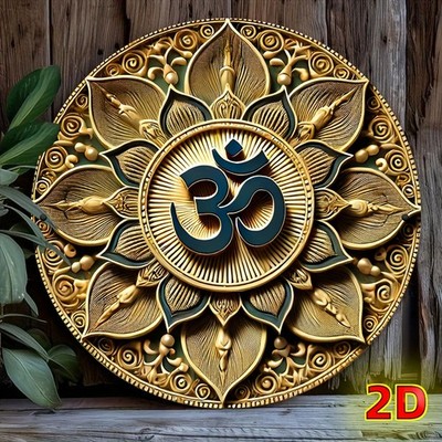 2D Flat, Tin Metal Signs Home Décor Waterproof Metal Om Symbol Wall Golden & Bla