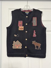 Woolrich Vtg L Moose Embroidered Vest Black Wool Beaded Patchwork Grandma Cabin