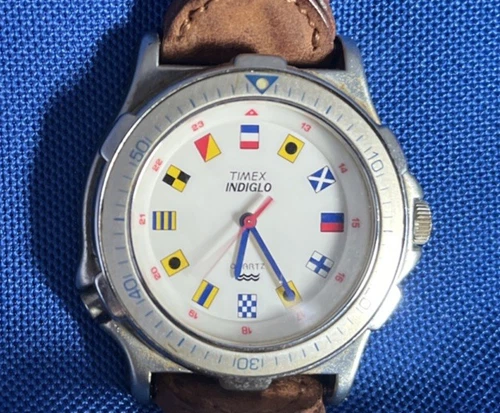 Vintage Timex Indiglo Men's Quartz Watch With Maritime Signal Flag Hour Markers