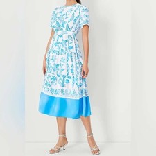 Ann Taylor Women's SZ 14 Blue White Floral Midi Dress Puff Sleeve