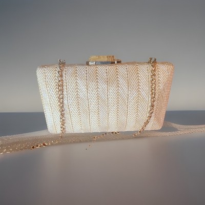 Rachel Zoe Straw Clutch Bag Cream Chevron Woven Hard Shell Purse