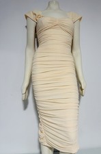 Mienne Beige Mesh Bodycon Midi Dress Ruched Sweetheart Cap Sleeve Zip M