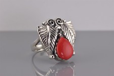 Sterling Silver Red Coral Teardrop Swirled Fern Leaf Band Ring 925 Sz: 7