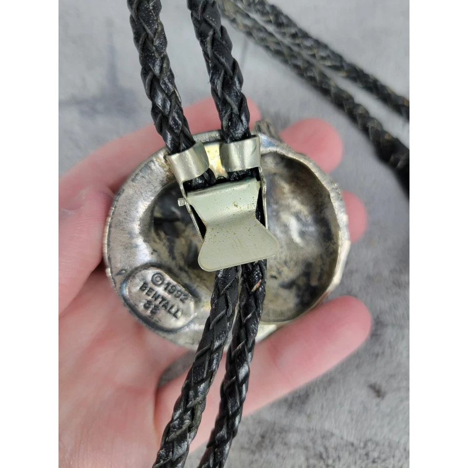 De colección Bentall SS 1992 Plata Cabeza de Lobo Bolo Corbata Cuero Trenzado Pluma Foto 4 de 4