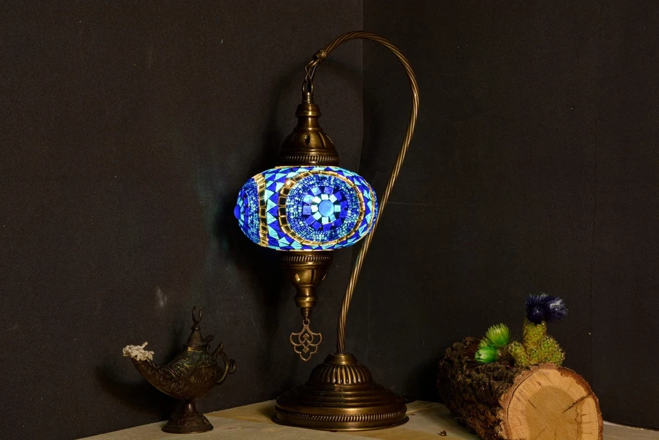 Turkish Mosaic Swan Neck Table Lamp, Moroccan Boho Style Sea Blue Gooseneck R... - Image 3 of 4