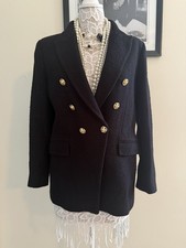 New Zara Tweed Blazer With Gold Buttons Size L Black Double Breasted org 119