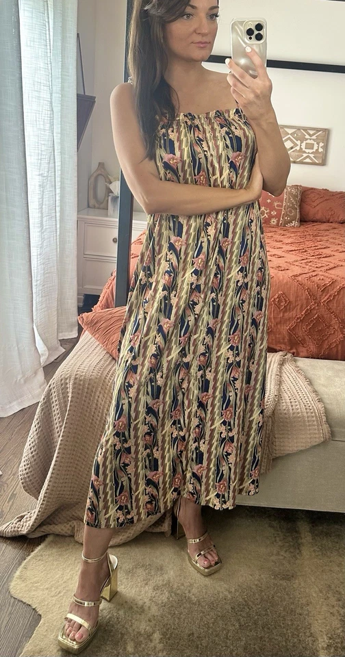 Maxi Vestido Floral Vintage Años 80 Talla M/L 100% Nylon Dorado Corbata Hombro  Foto 2 de 4