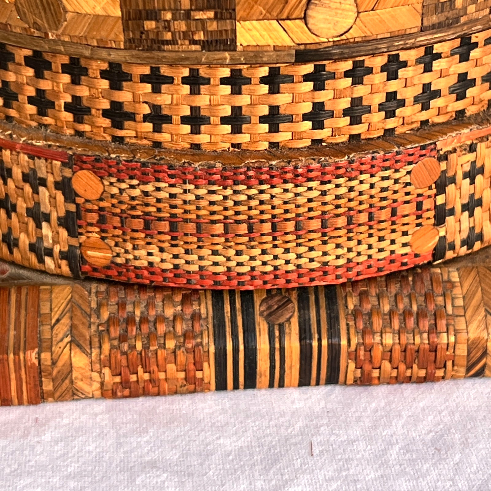 Vintage Handmade Straw Work Wood Marquetry Sewing Box Folk Art One of a Kind