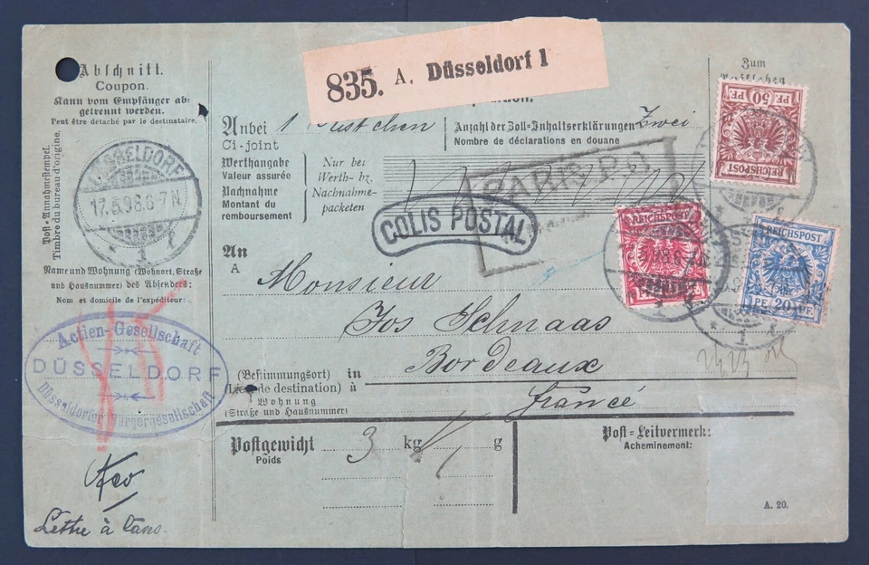 Germany 1889 10Pf Michel No 47d, 20Pl, 50Pf UV Fluorescence - On Parcel Card - Image 2 of 4