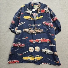 VINTAGE Paradise Found Men Button Up Shirt XL Blue Classic Cars Made in Hawaii