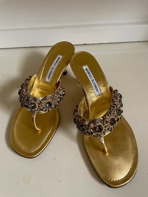 Manolo Blahnik Jeweled Gold Thong Kitten Heels | eBay