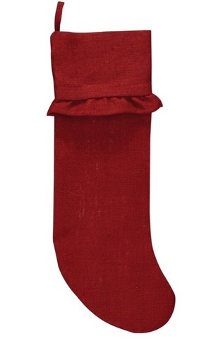 PRIMITIVE COUNTRY JUTE BURLAP RUFFLED RED STOCKING By PARK DESIGNS - 第 1/1 張圖片