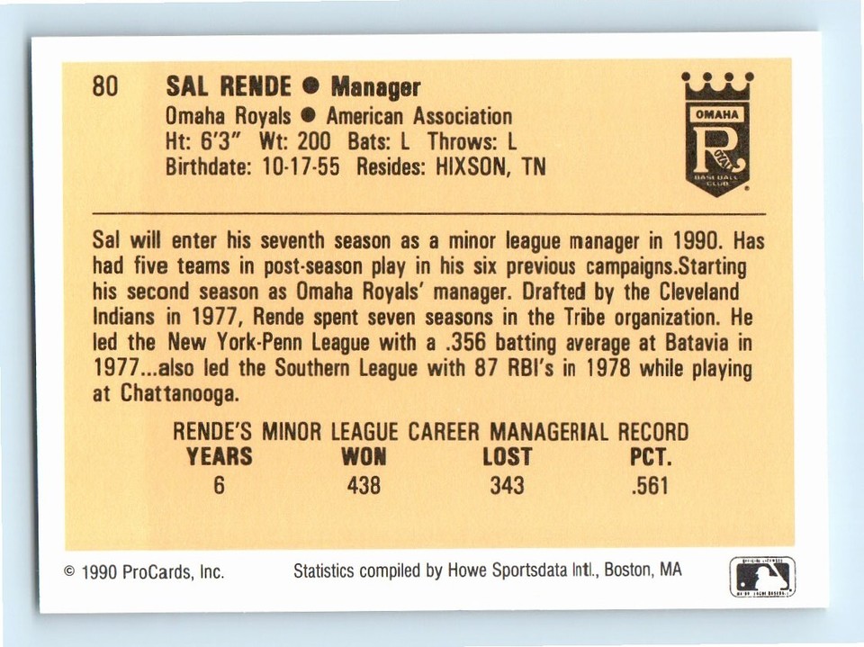 1990 ProCards Sal Rende Omaha Royals #80 | eBay