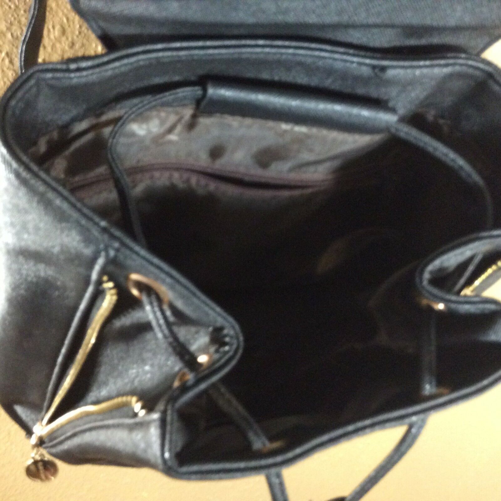 QNG Chang Backpack Purse Black Gold Hardware Adjustable Straps Snap Closure  H422