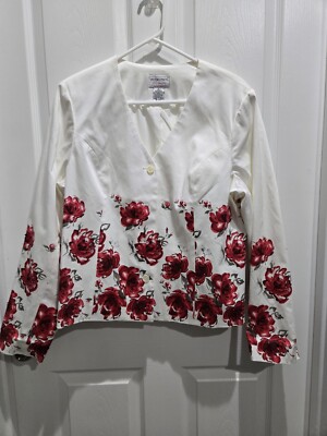 Victor Costa Large blazer cream with red flowers and black beaded detail  lined