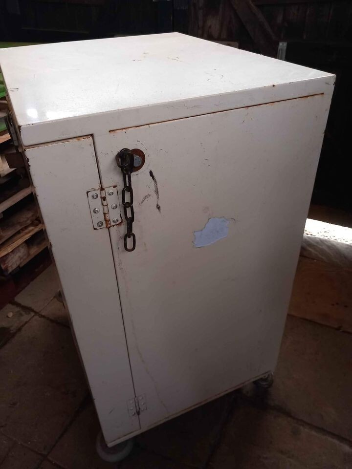 vintage metal medical on wheels/2 door/craft/garage/work shop