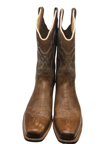 Old West Cowboy Boots Size 10 Womens Brown Blue Stitched Leather Cowgirl Western - Picture 7 of 10