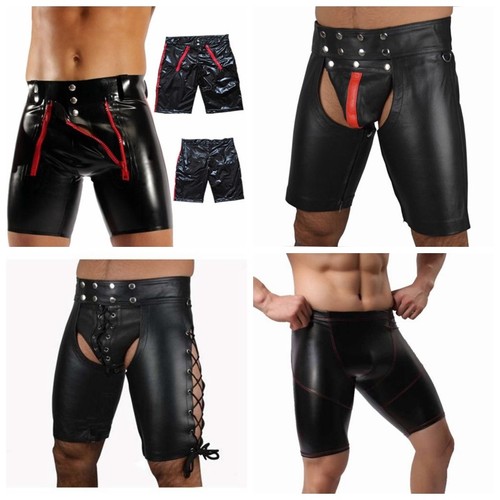 Gay Men's Fetish Zipper PU Tight Shorts PVC Wetlook Clubwear Boxer Briefs Pants - Picture 2 of 14