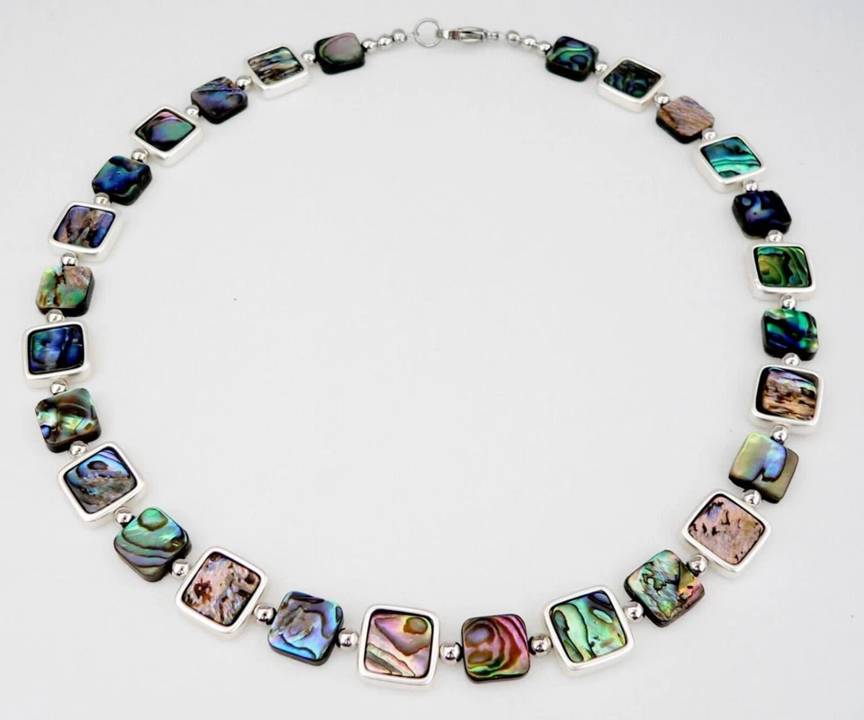 Halskette Quadrat Abalone Paua Muschel, Rahmen 925 Sterling versilbert 365a - Bild 3 von 4