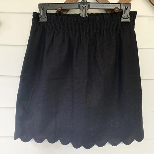 J Crew Scalloped Hem Linen Skirt NEW Size 0 Black Paper Bag Waist $65 Preppy