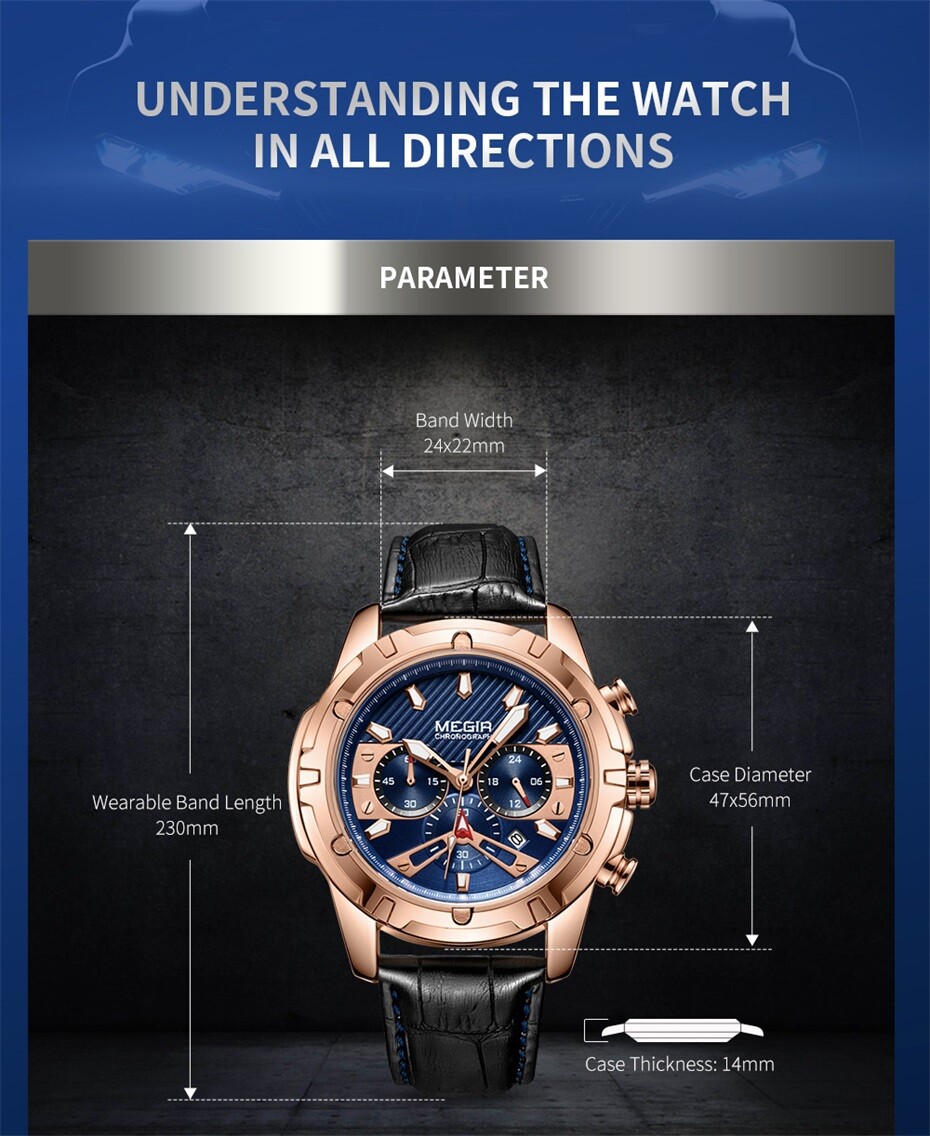 MEGIR Men Quartz Watch Waterproof Chronograph Military Leather