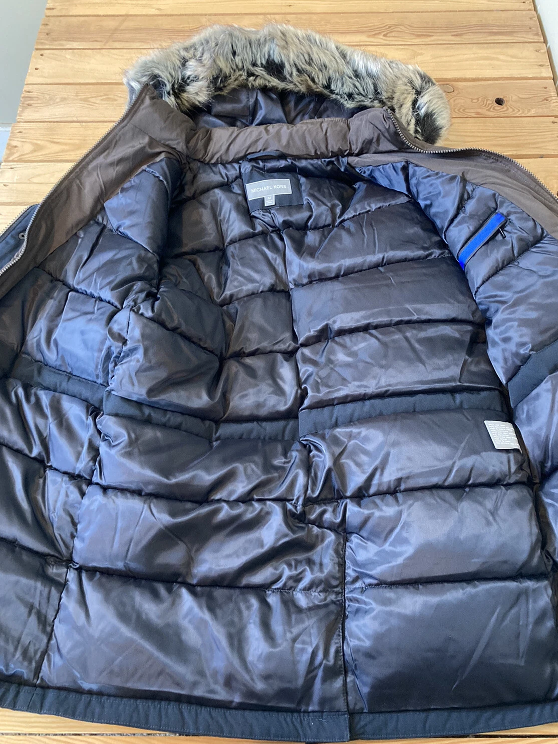 Cappotto tampone Michael Kors nuovo con etichette $375 donna in pelliccia sintetica con cerniera taglia M nero