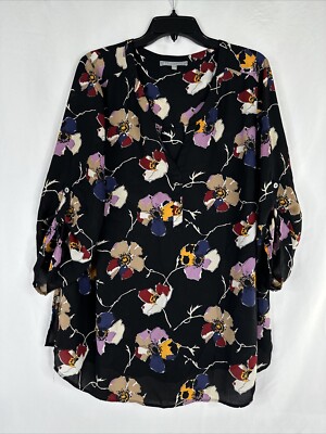 Daniel Rainn Tunic Top Womens Plus Size 1X Black Floral 3/4 Sleeve Roll Tab