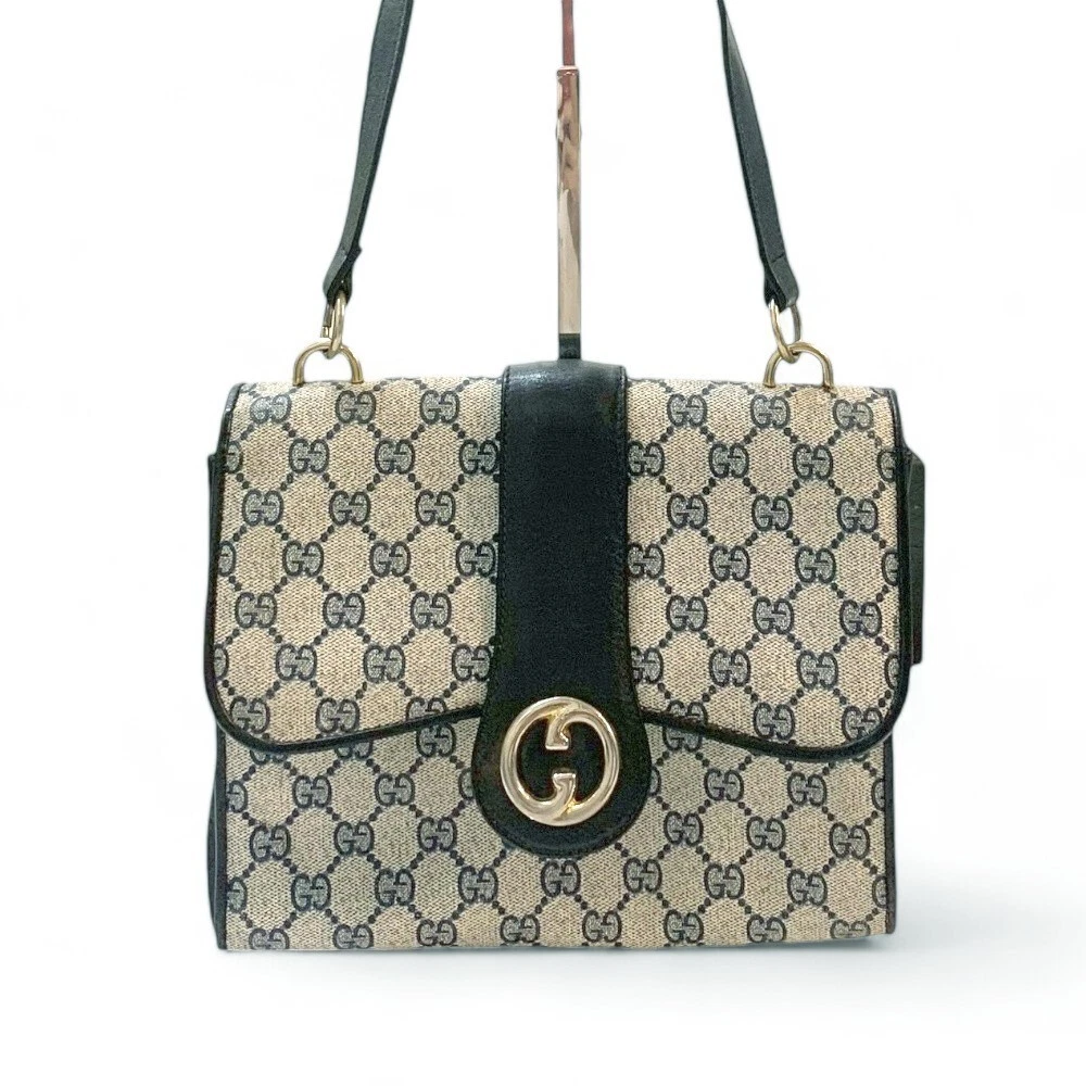 Sac à main fourre tout GUCCI vintage bandoulière GG Supreme PVC cuir marine authentique