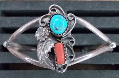 Vintage | Pawn Silver | Red Coral | Turquoise | Handmade Cuff Bracelet | Tested - Picture 1 of 11