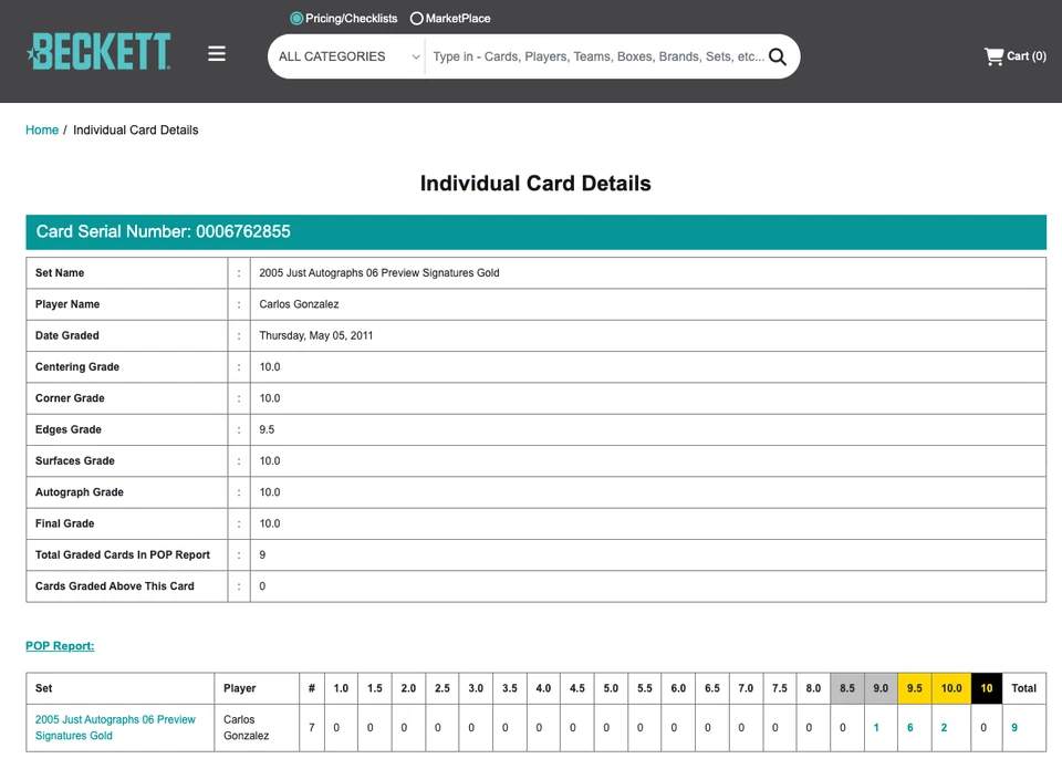 Carlos Gonzalez BGS 10 w 10 AU: 2005 Just Autographs Gold Pristine /50 POP 2 - Image 3 of 3
