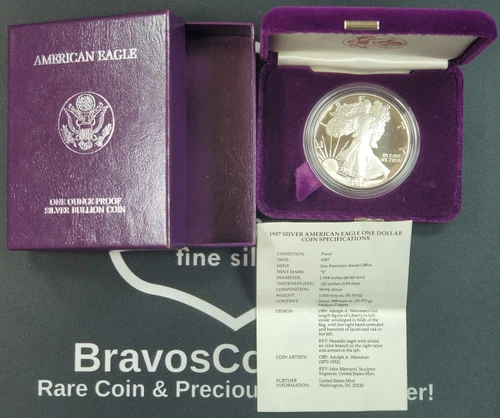 DEEP CAMEO 1987 US Proof Silver Eagle - 1 oz .999 Fine Silver Coin BOX & COA