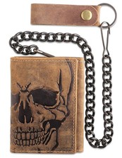 RFID Blocking Men's Tri-fold Vintage Biker Cowhide Leather Steel Chain Wallet...