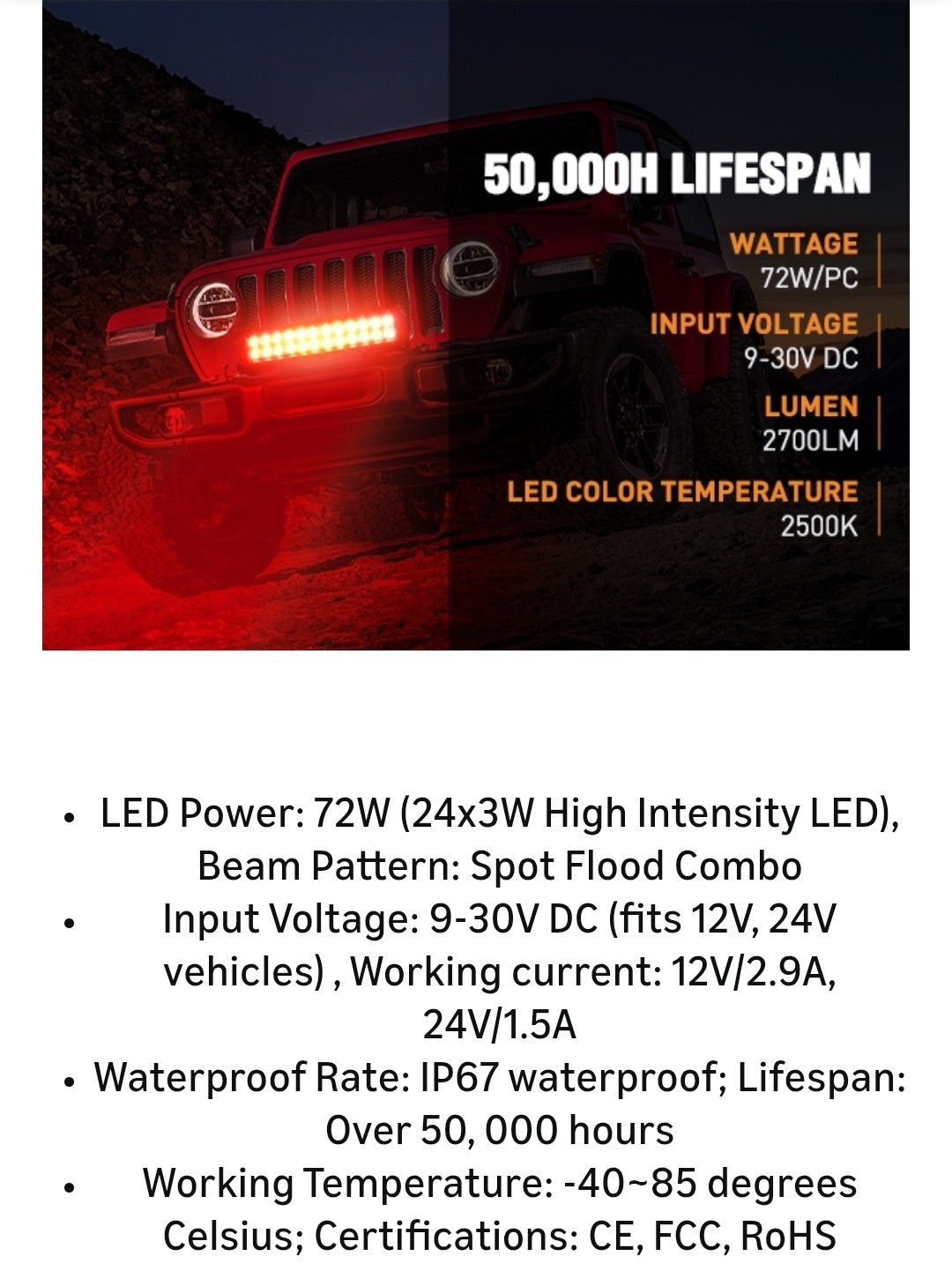 LED Light Bar 12 Inch 72W Spot Flood Combo Red Beam Off Road Lights -Red