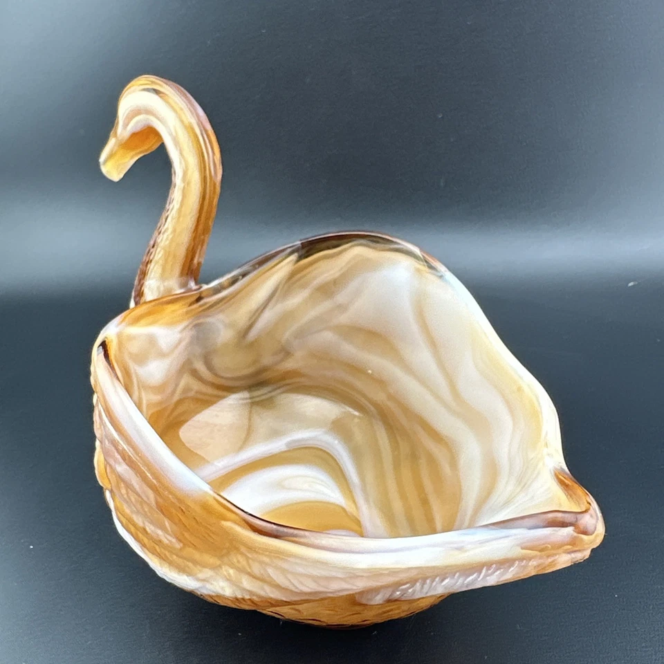 Tazón de plato de cisne abierto de vidrio de escoria de carmelo imperial de colección de 4,25" marrón blanco remolino Foto 2 de 4