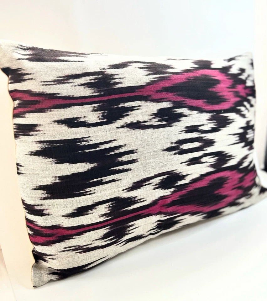 Chiara Ikat Lumbar Feather  Pillow 24”x15 Beautiful Authentic Uzbek Ikat - Image 2 of 4