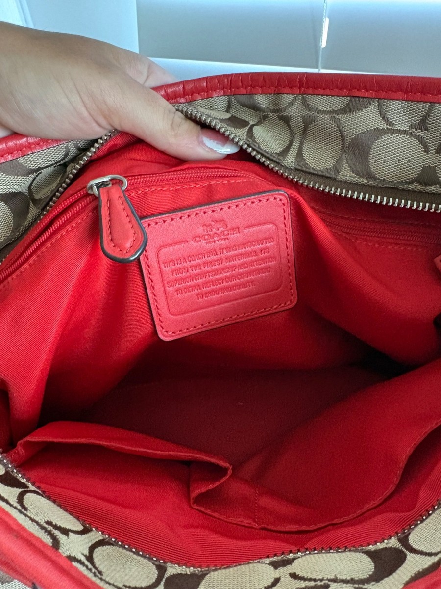 Coach Signature Tote Bag – Brown Canvas with Red Leather Trim | eBay
