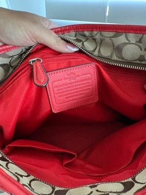 Coach Signature Tote Bag – Brown Canvas with Red Leather Trim | eBay