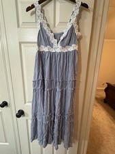 Vivid Eden Light Blue & White Summer Boho Women Spaghetti Strap Long Dress Woven