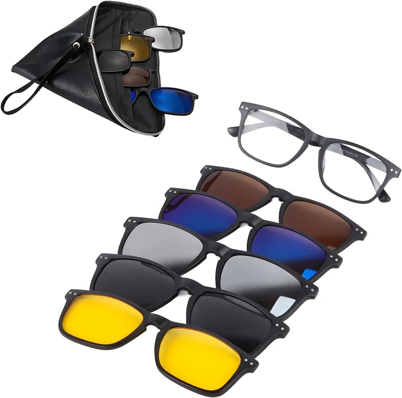 Magnetic clip-on sunglasses with five interchangeable lenses