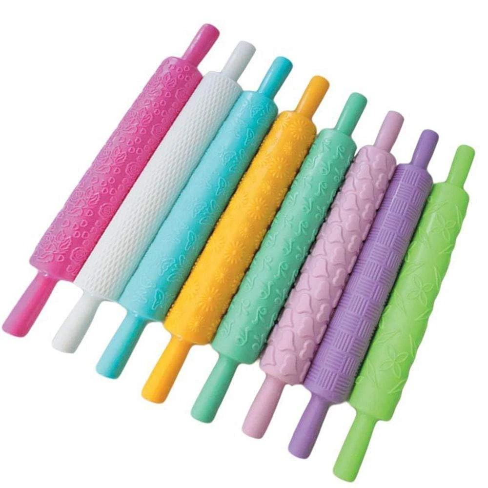 8pcs Colourful Cake Decorating Embossed Rolling Pins,Textured Non-Stick Desig...