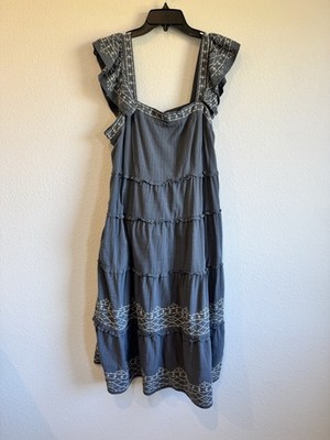Knox Rose Women's Blue Embroidered Flutter Sleeve Tiered Maxi Dress Large