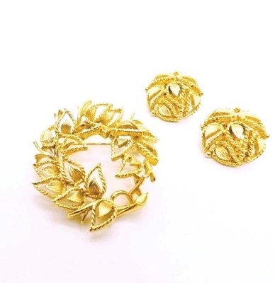 Lisner Demi Parure Set Brosche & Ohrclips Goldplated Signiert 1960er Vintage