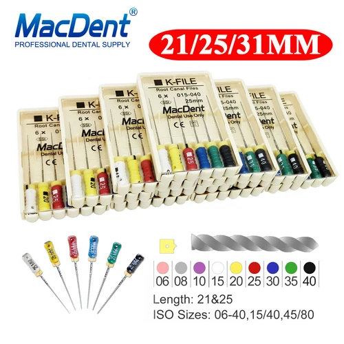 MacDent Limas de endodoncia manual dental K-Files acero inoxidable 21/25/31mm