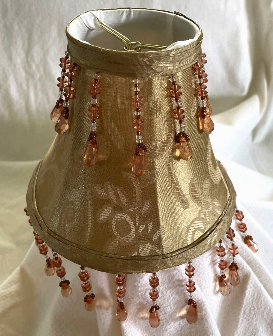 Small Gold LAMP SHADE Fabric In/Out, Fringe Top/Bottom Acrylic Beads
