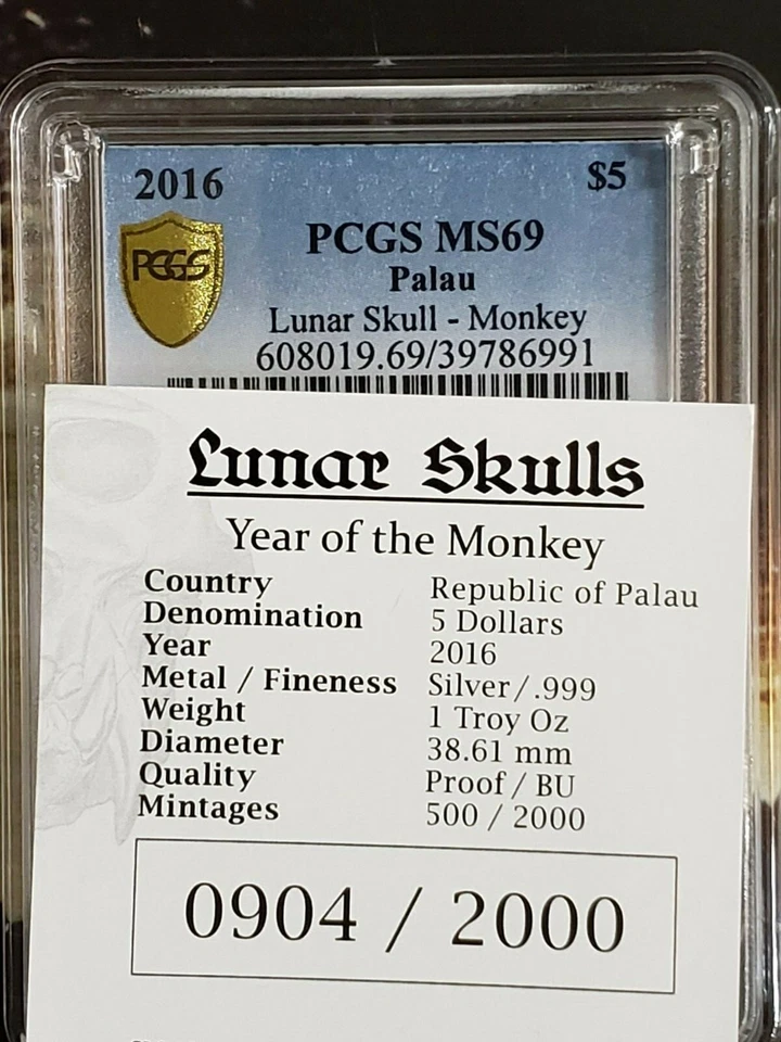 2016 Lunar Skull Monkey Palau Five Dollar Silver BU PCGS MS69 #0904 - Image 3 of 3