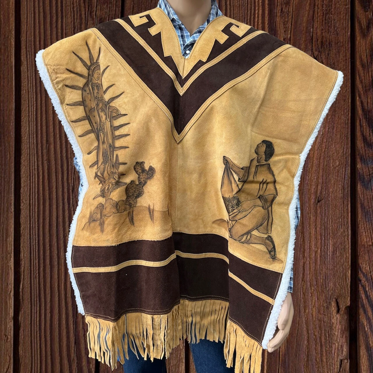 Mexican leather shearling leather coat hand-painted Virgin of Guadalupe Gaban